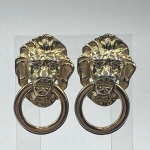 Kenneth Jay Lane Vintage 
Lionhead Doorknocker Rhinestone Eyes‎ Earrings